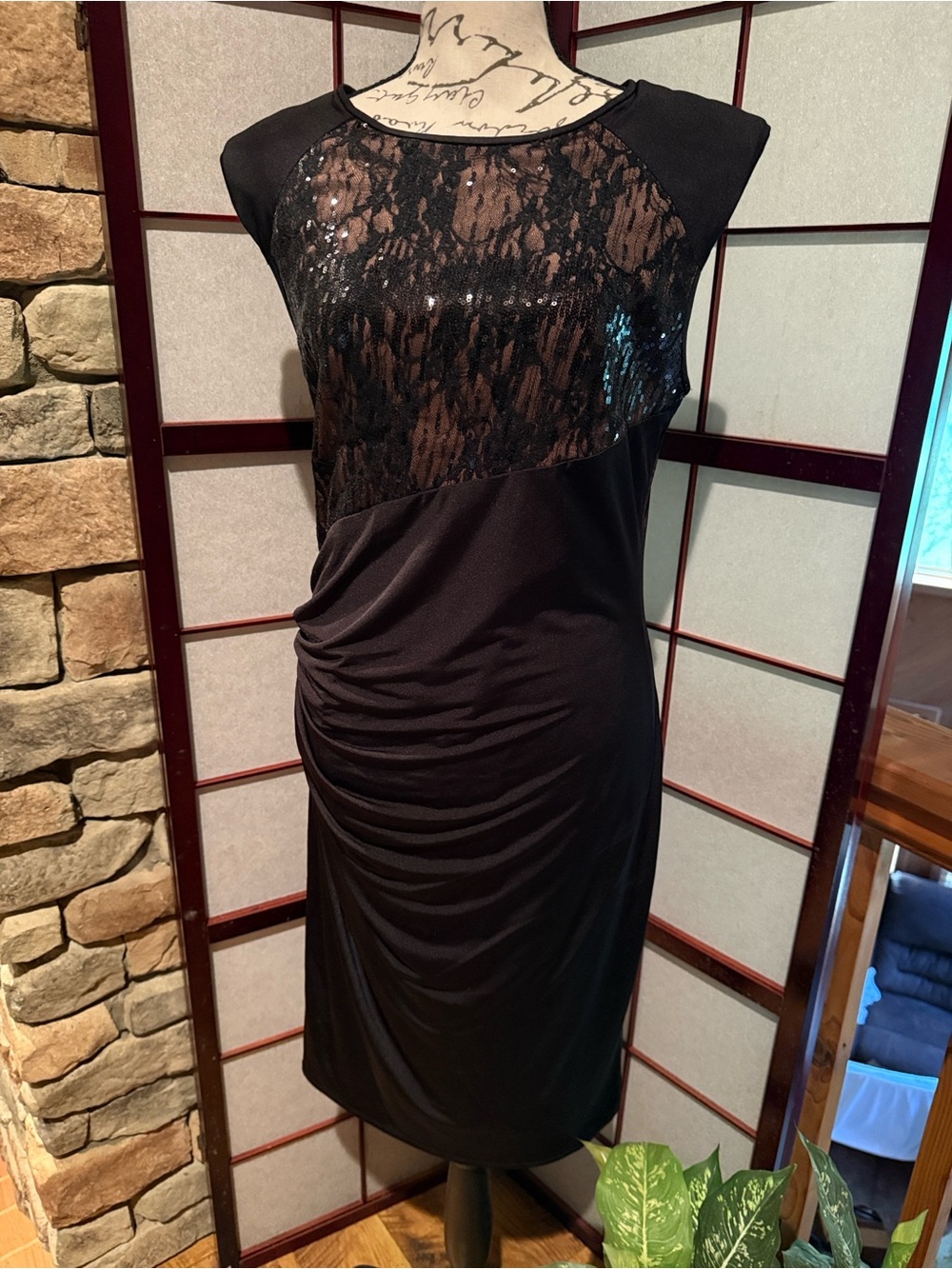 Anne Klein Black Lace & Sequin Midi Dress